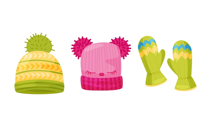 Vetor chapéus de inverno de tricô quentes com pompon e luvas vetoriais