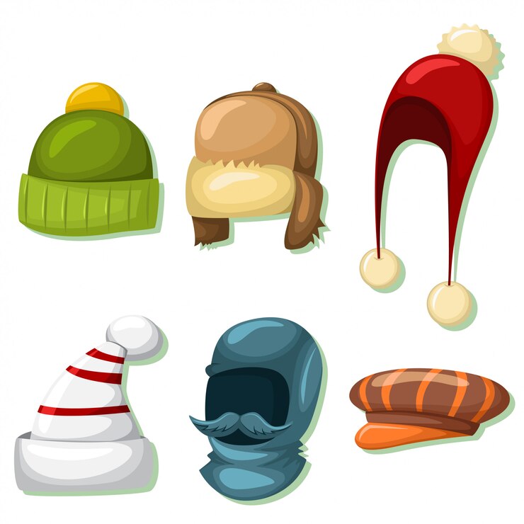 Vetor chapéus e bonés de inverno para homens e mulheres.