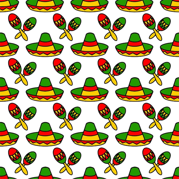 Chapéus sombrero e maracas doodle ilustração padrão perfeito