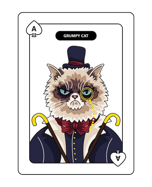 Vetor character design grumpy cat meme como um cavalheiro em uma carta de jogo