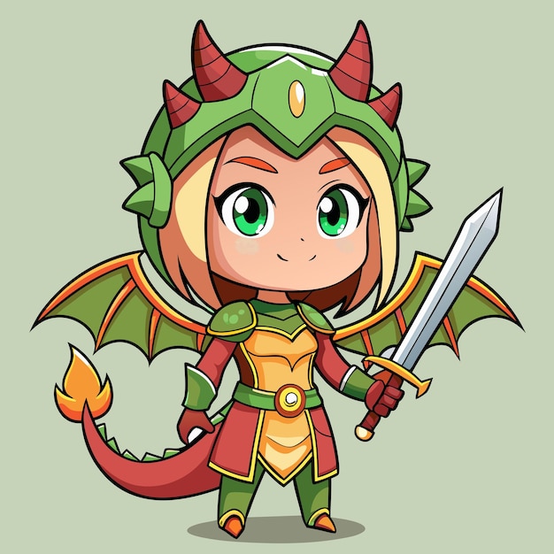 Charming Girl em traje de dragão com espada Vector de desenhos animados