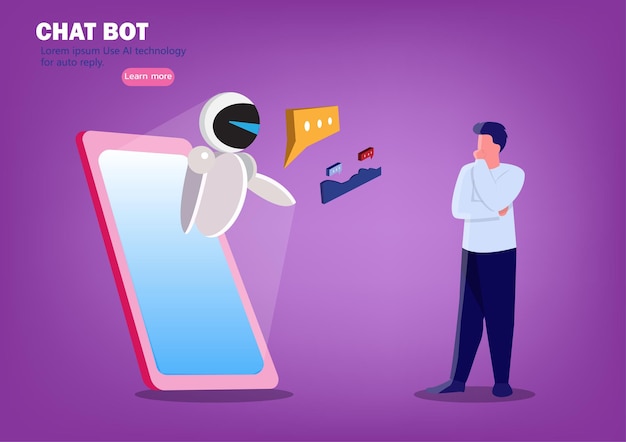 Chatbots e conceito de IA de marketing futuro e homem de negócios IOT conversando com o aplicativo de chatbot Dialog Support ilustração vetorial