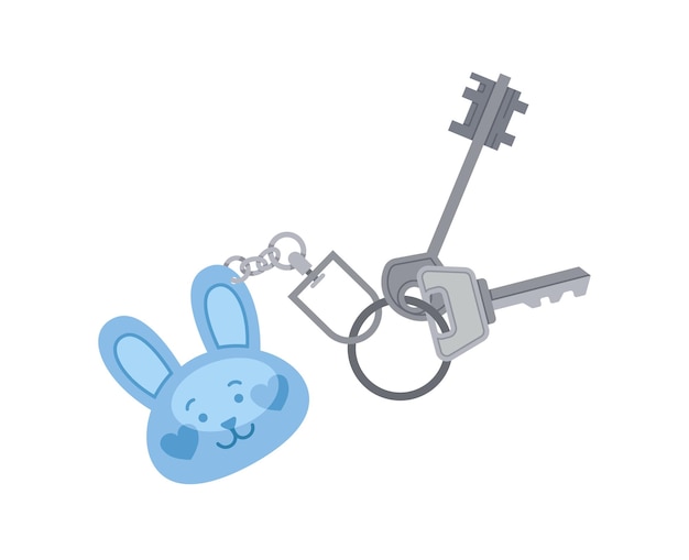 Chave com chaveiro brinquedos e chaveiros em pedant cottage e townhouse cadeado azul cabeça de coelho elemento gráfico para site cartoon ilustração vetorial plana isolada em fundo branco