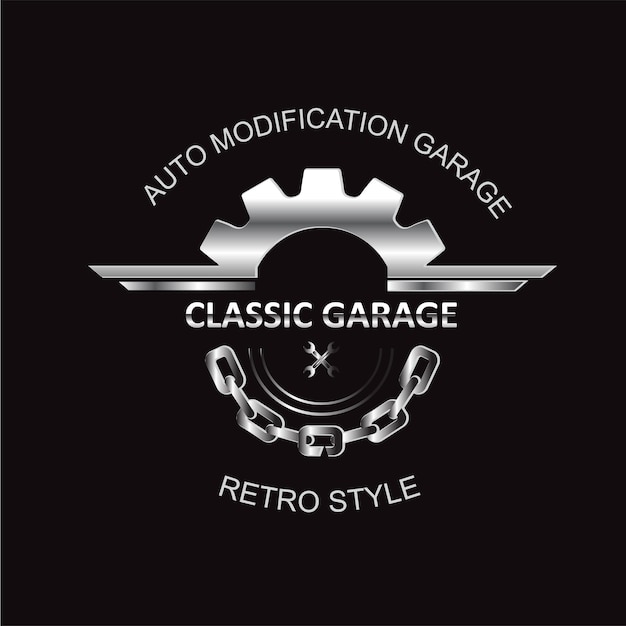 Chave de estilo retrô de modificação de garagem clássica e logotipo de engrenagem