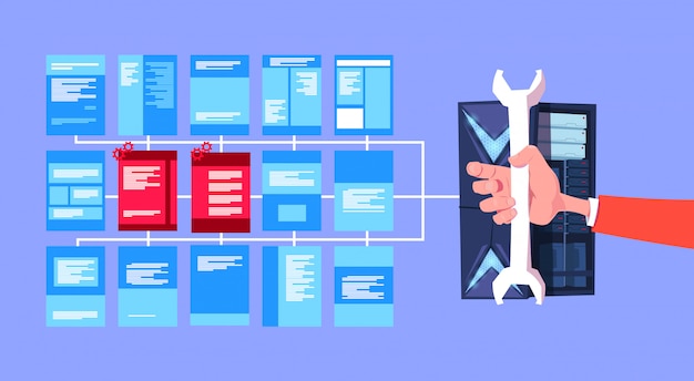 Chave de preensão manual centro de computação de privacidade de dados com servidores de hospedagem rede e banco de dados infográfico banner de suporte de comunicação do centro de internet