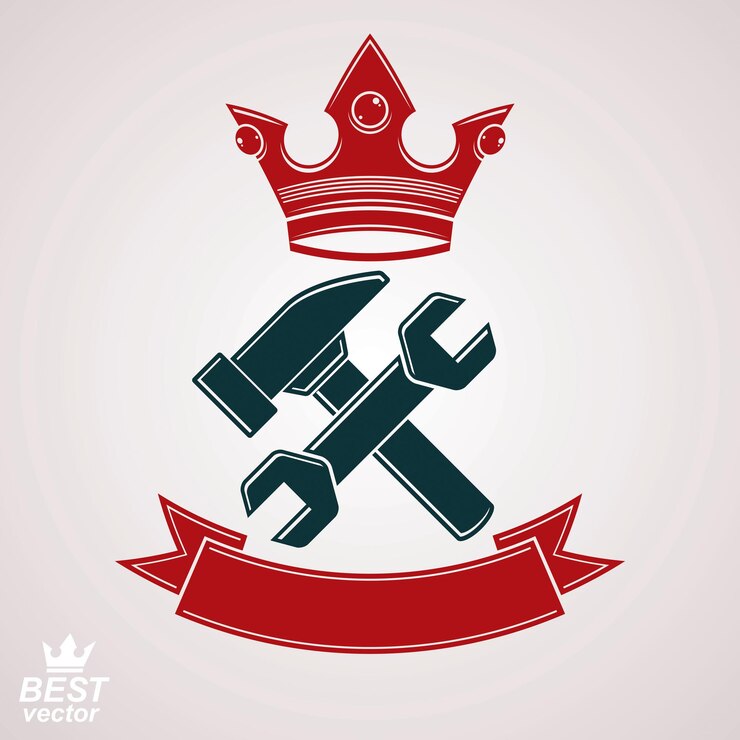 Vetor chave de vetor simples e martelo cruzado. utensílio de reparação gráfica com coroa imperial e fita decorativa. ícone do tema da indústria - ilustração da ideia do prêmio de fabricação.