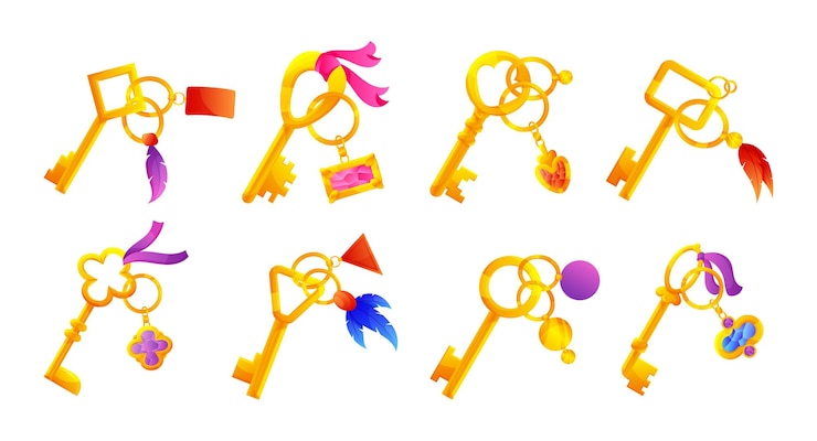 Vetor chaves com bugigangas chaves de ouro e aço dos desenhos animados com etiquetas vintage coleção de chaves vector set