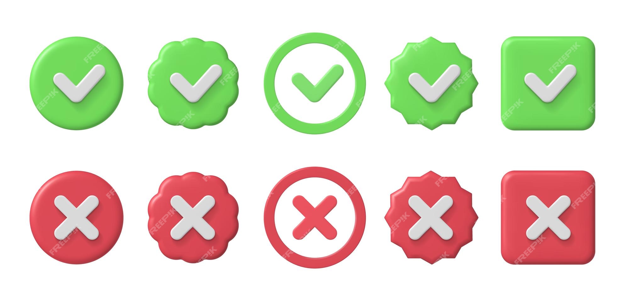 Checkmark 3d icons checklist carrapato verde e cruz vermelha aceito e  recusa conjunto de vetores de sinal verdadeiro ou falso e verificado