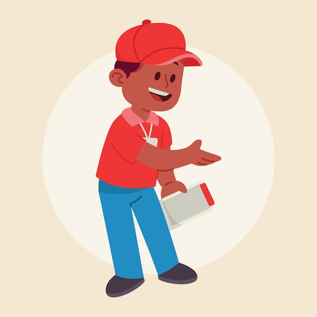 Cheerful Delivery Boy em uniforme vermelho com pacote fornecendo excelente serviço e gesto amigável