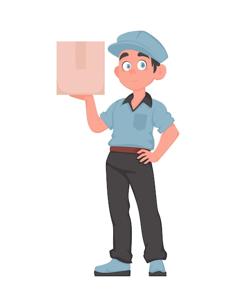 Vetor cheerful delivery man com parcel em cartoon vector style sorrindo correior masculino em uniforme azul segurando caixa de papel conceito de entrega expressa