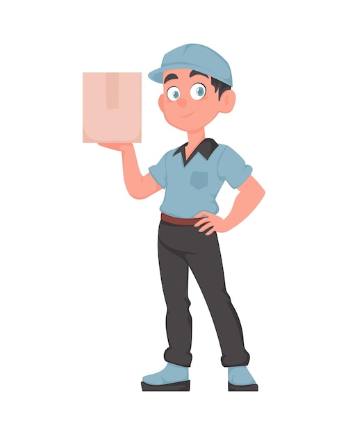 Cheerful delivery man com parcel em cartoon vector style sorrindo correior masculino em uniforme azul segurando caixa de papel conceito de entrega expressa