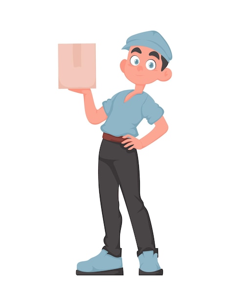 Cheerful delivery man com parcel em cartoon vector style sorrindo correior masculino em uniforme azul segurando caixa de papel conceito de entrega expressa