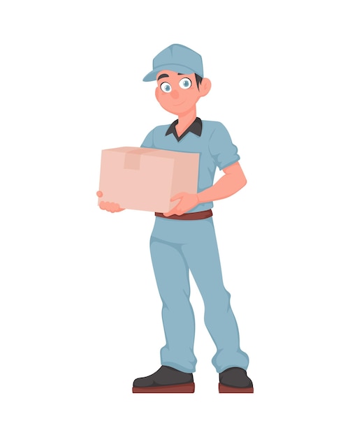 Cheerful delivery man com parcel em cartoon vector style sorrindo correior masculino em uniforme azul segurando caixa de papel conceito de entrega expressa