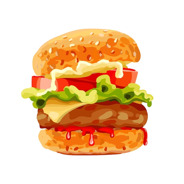 Cheeseburger americano com ervas frescas bolinhos de estilo realista com tomate cutlet e queijo vetor
