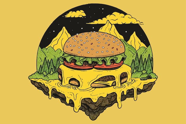 Cheeseburger transformado em uma paisagem