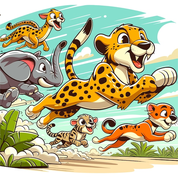 Cheetah brincando correndo com um grupo de outros animais de desenho animado mostrando sua velocidade e rivalidade amigável