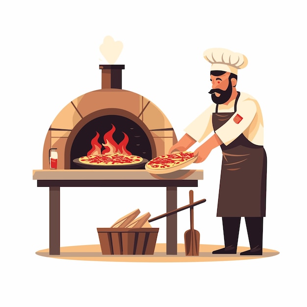 Vetor chef colocando a pizza em uma ilustração vetorial tradicional a lenha