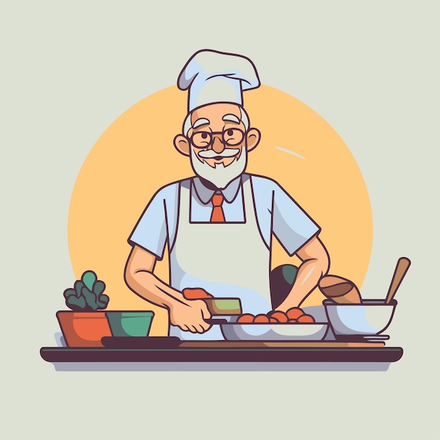 Vetor chef cozinhando na cozinha ilustração vetorial em estilo de desenho animado plano