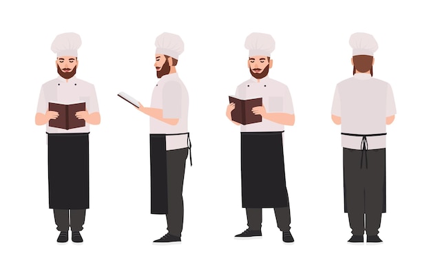 Chef, cozinheiro ou trabalhador de restaurante vestindo uniforme e toque de leitura de receita ou livro de culinária. personagem de desenho animado masculino isolado no fundo branco. vistas frontal, lateral e traseira. ilustração em vetor plana.