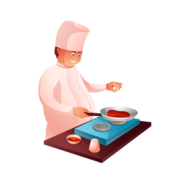 Chef culinário em caráter de cozinha. processo de preparação do jantar. cozinhe a carne assada na frigideira clipart. funcionários do restaurante, café e lanchonete vestindo uniforme profissional. bife fritando homem