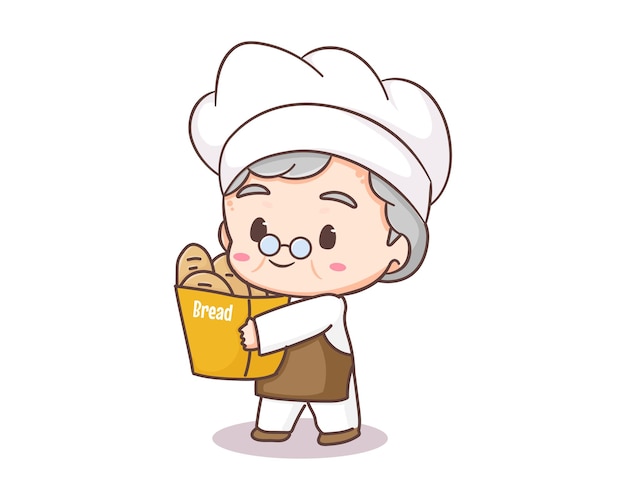 Chef de avó bonito segurando o personagem de desenho animado de pão. ilustrador de arte vetorial de logotipo