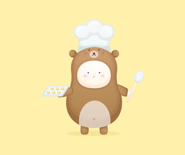 Chef de bebê fofo com fantasia de urso. ilustração de desenho de mascote premium vector