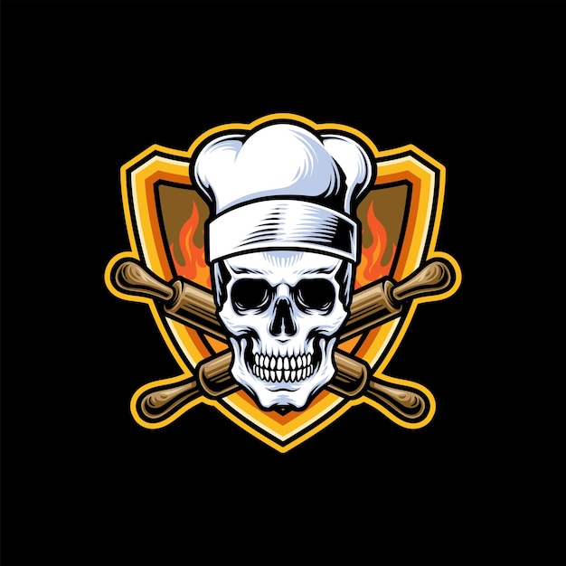 Chef de caveira usando chapéu de chef e rolo de massa mascote logotipo premium ilustração vetorial
