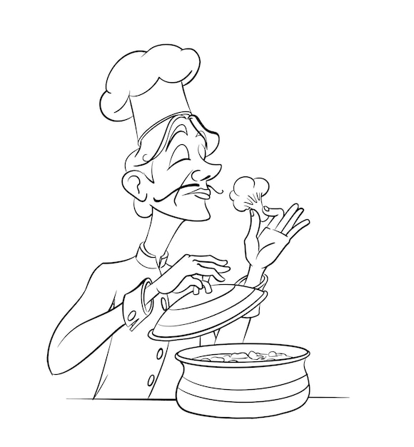 Vetor chef de cozinha cheirando brócolis delicioso e maravilhoso cheiro de maconha vetor de desenhos animados