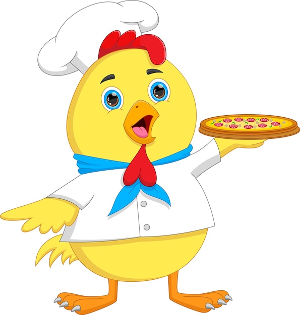 Chef de desenho animado frango com pizza