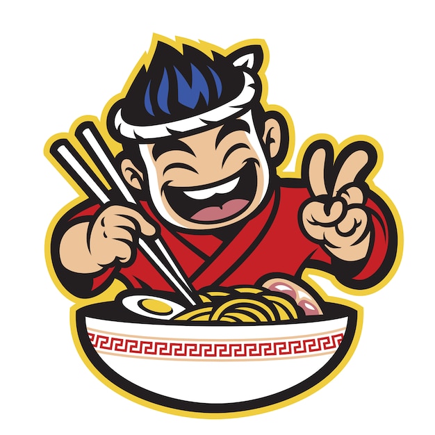 Chef de desenho animado japonês comendo o ramen