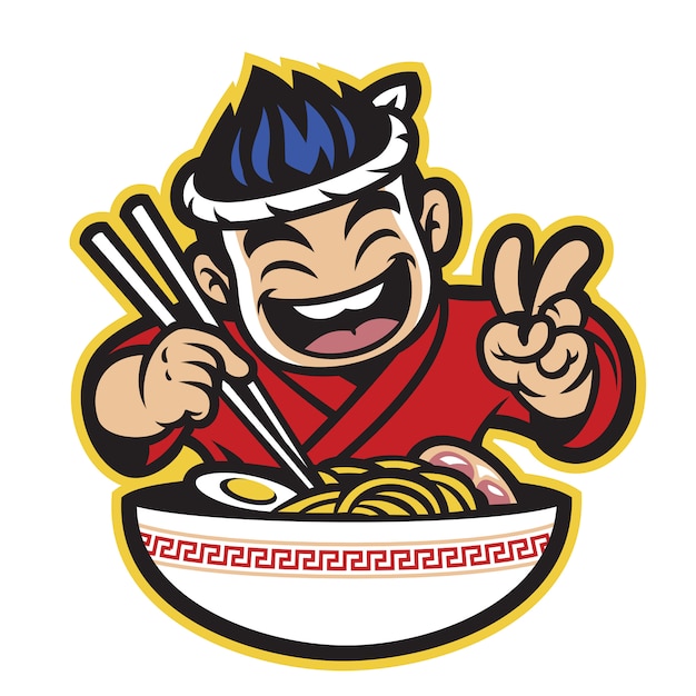 Vetor chef de desenho animado japonês comendo o ramen