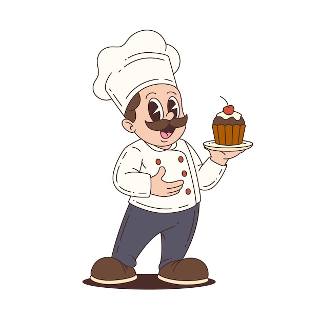 Chef de desenho animado sorridente mascote segurando cupcake sobremesa com cereja para design de alimentos e uso de marca
