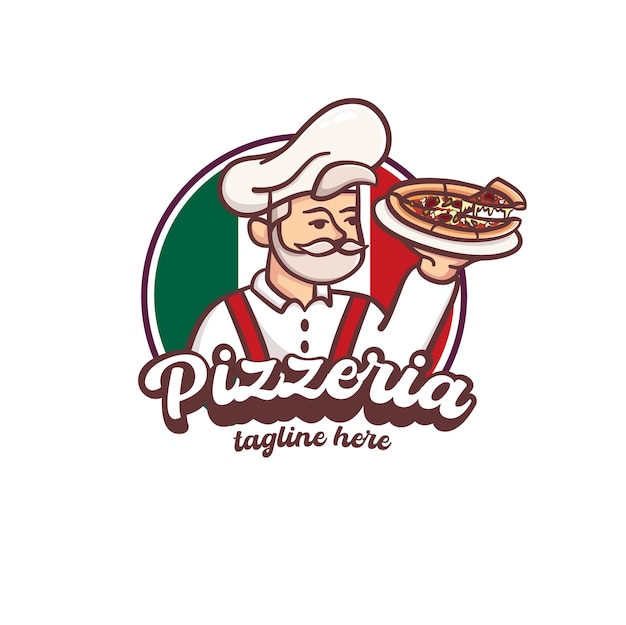 Chef de mestre masculino velho segurando o logotipo da pizza italiana. logo da pizzaria