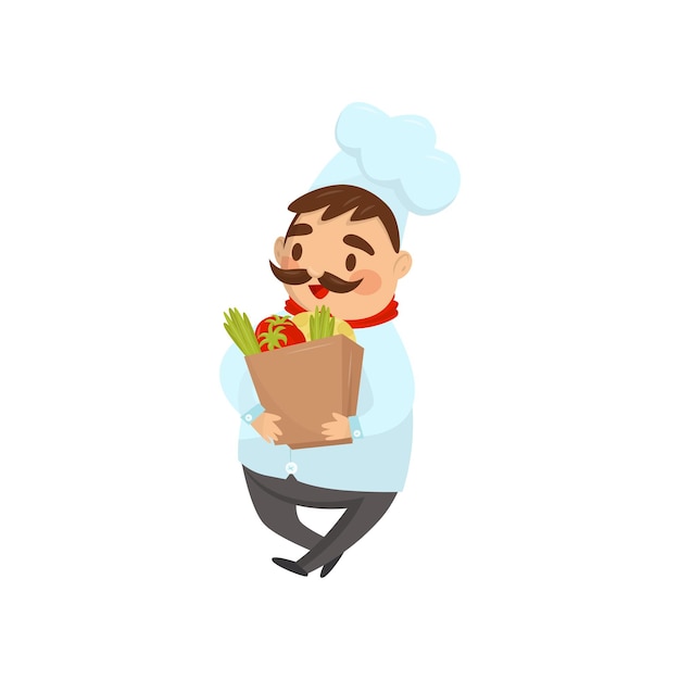 Chef de restaurante andando com saco de papel cheio de produtos cozinhe com bigode em uniforme tradicional ícone de vetor plano