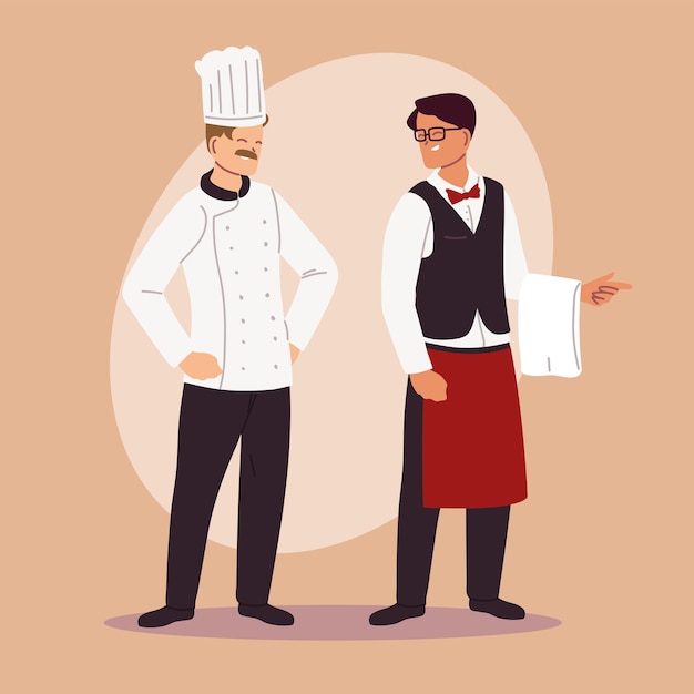 Chef e garçom trabalhando no design de ilustração uniforme