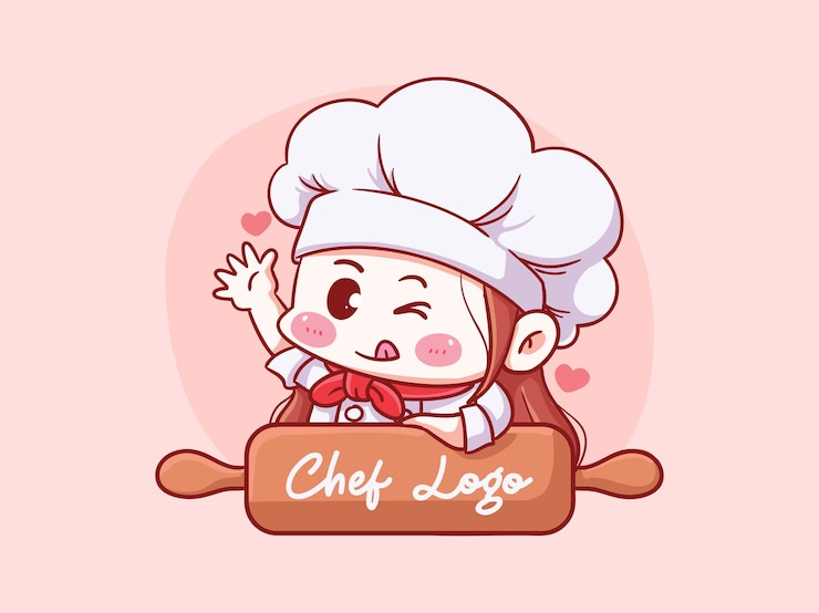 Chef feminina fofa e kawaii com logotipo de ilustração de Rolling Pin Manga Chibi