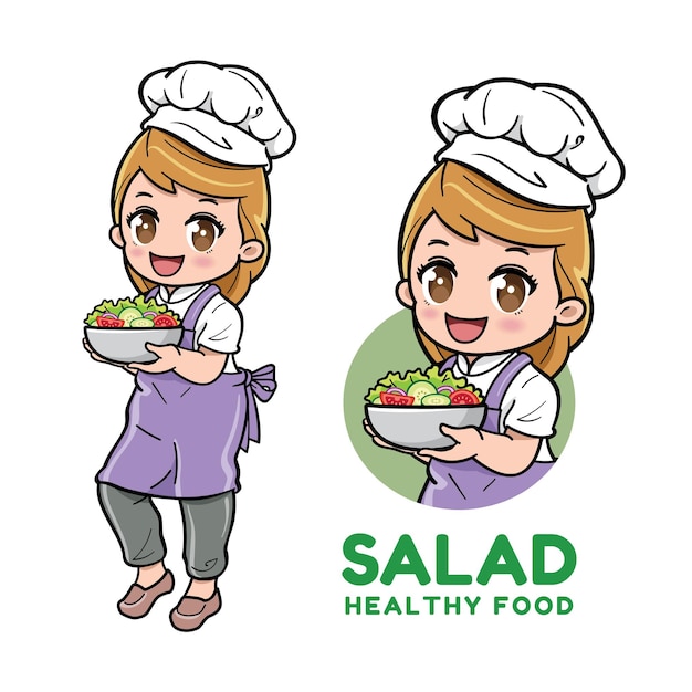 Vetor chef feminina fofa segurando uma tigela de salada