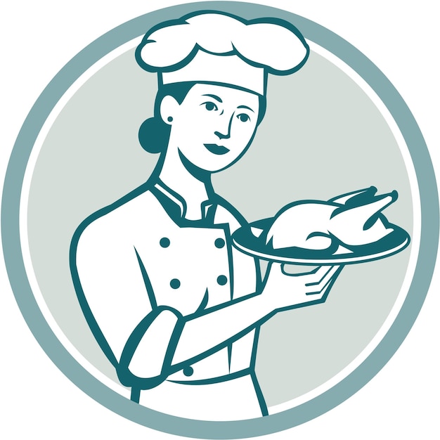 Chef feminino servindo frango assado círculo retrô