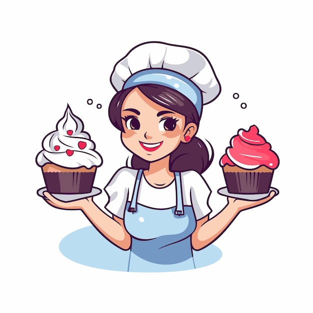 Vetor chef girl com cupcake ilustração vetorial em estilo de desenho animado