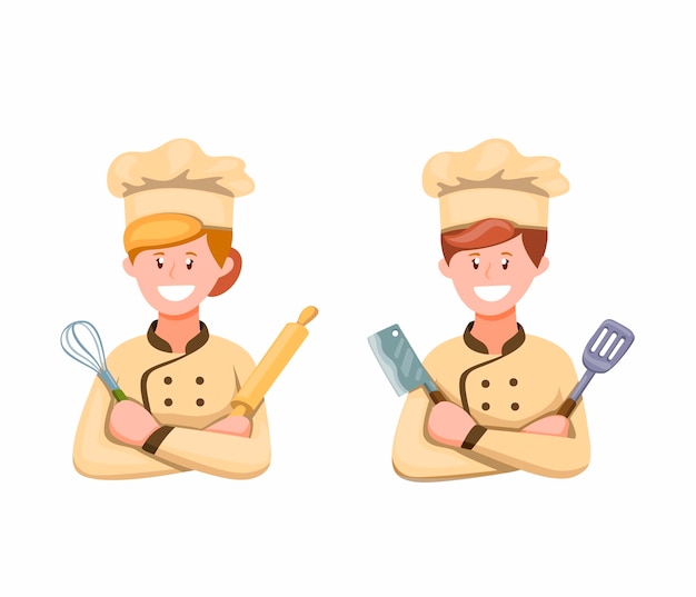 Chef homem e mulher de uniforme pronto para cozinhar símbolo conjunto de ícones na ilustração dos desenhos animados sobre fundo branco