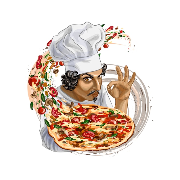 Chef italiano segurando pizza. ilustração vetorial realista de tintas