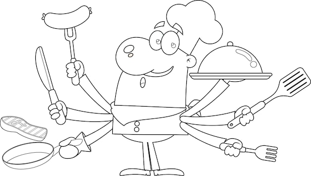 Vetor chef man, personagem de desenho animado, multitarefa na cozinha.