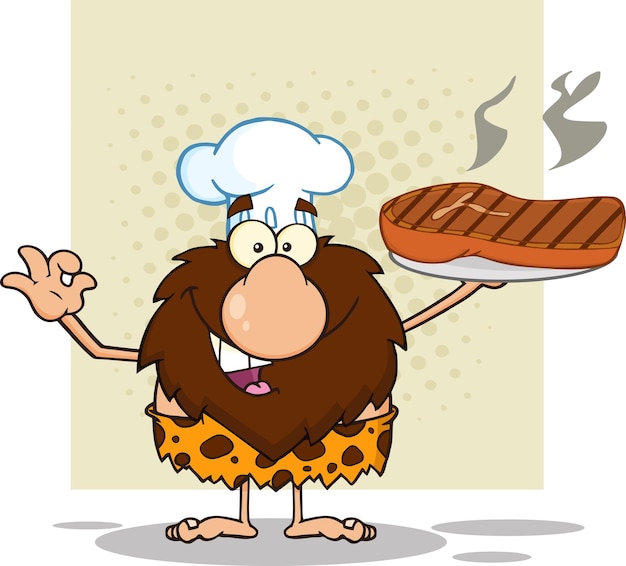 Chef Mascote Homem das Cavernas Personagem Mascote Segurando Um Prato Com Grande Bife Grelhado