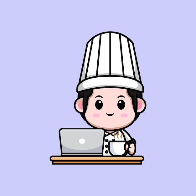 Chef masculino fofo com laptop e uma xícara de café ilustração do mascote dos desenhos animados