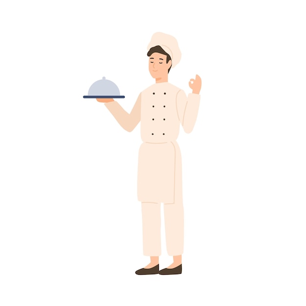 Vetor chef masculino profissional segurando ilustração plana em vetor placa de serviço. cozinhador feliz em uniforme branco, desfrutando de comida saborosa isolada no branco. equipe de cozinheiro de desenho animado segurando um prato fresco.