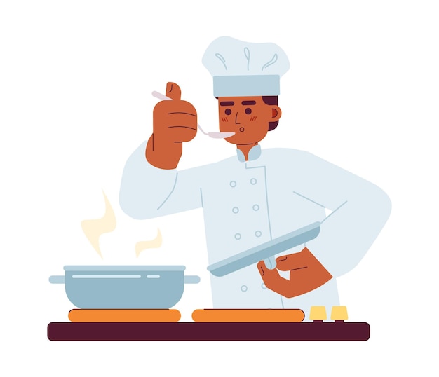 Chef masculino sabor de comida semi-plano personagem vetor colorido