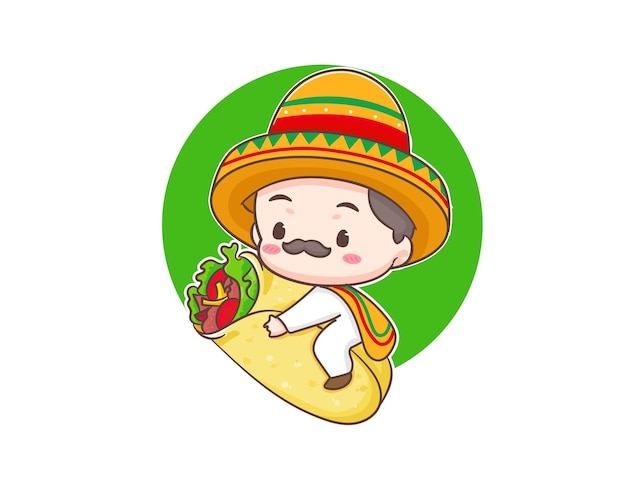 Chef mexicano com sombrero abraça comida de burrito. conceito de comida de logotipo de personagem de desenho animado