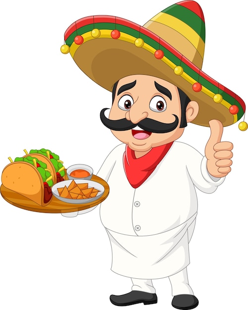 Vetor chef mexicano de desenho animado com comida desistindo