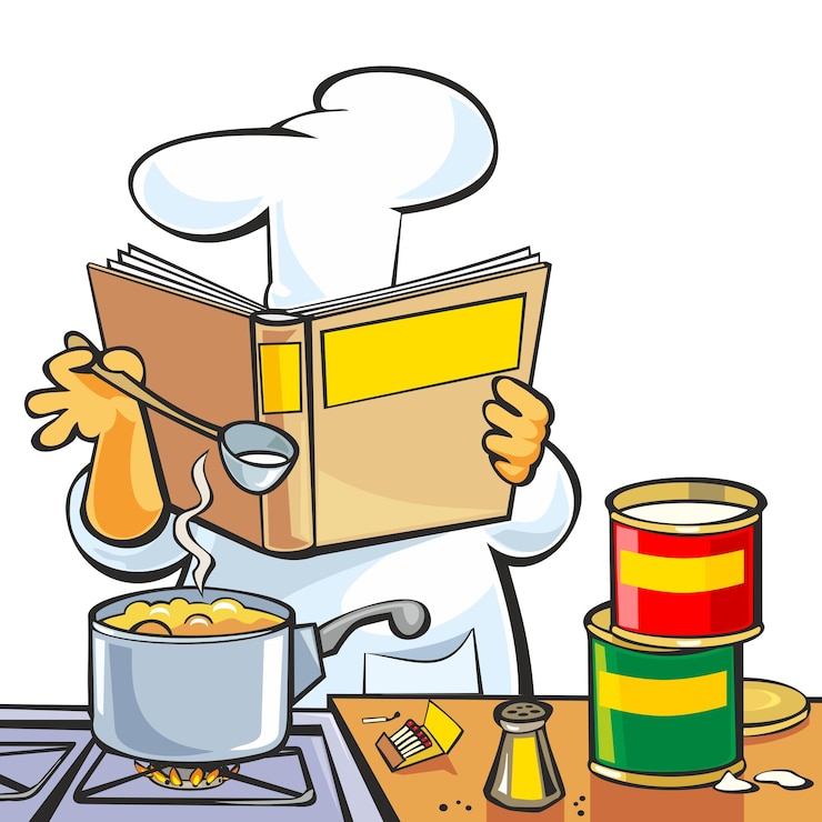 Vetor chef preparando a sopa e segurando a mesa do livro de receitas no interior da cozinha do restaurante flat vector