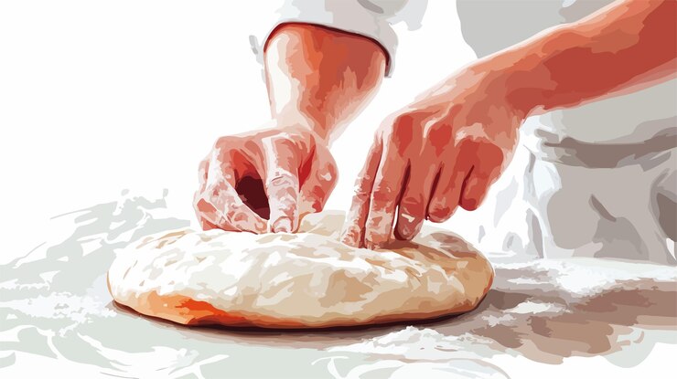 Vetor chef profissional esticando a massa de pizza em close-up em imagens verticais